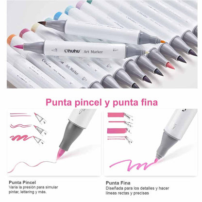 Ohuhu 48 Marcadores de Alcohol + 1 blender | Colores Pasteles | Honolulu B: Pincel y Fina