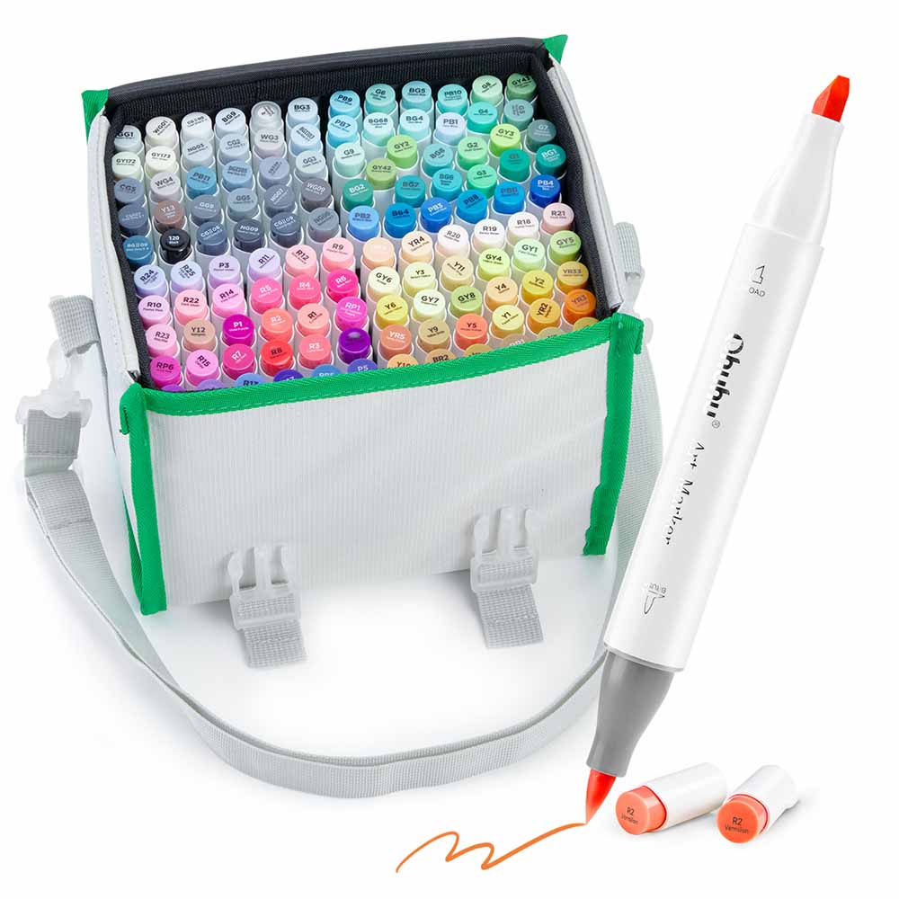 Ohuhu 120 Marcadores de Alcohol + 1 blender + bolso | Colores Vibrantes | Honolulu A: Pincel y Biselada