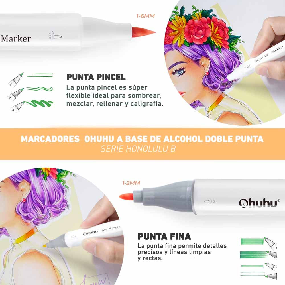 Ohuhu 48 Marcadores de Alcohol + 1 blender | Tonos Medios | Honolulu B: Pincel y Fina