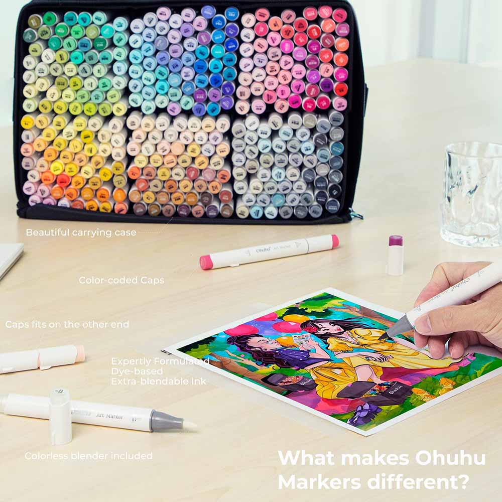 Ohuhu 320 Marcadores de Alcohol + 1 blender | Honolulu A: Pincel y Biselada