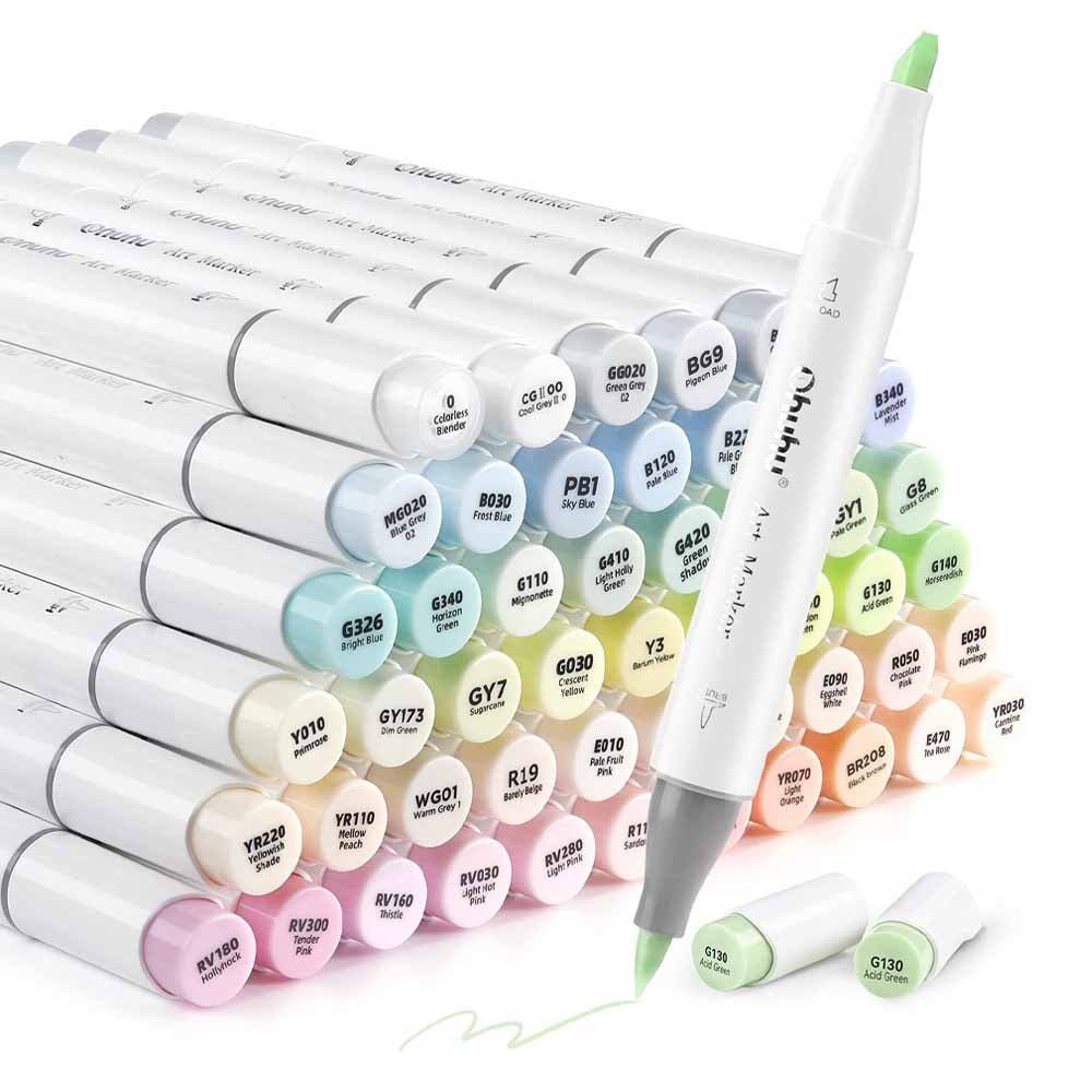 Ohuhu 48 Marcadores de Alcohol + 1 blender | Nuevos Colores Pastel &quot;Blossoming&quot; | Honolulu A: Pincel y Biselada