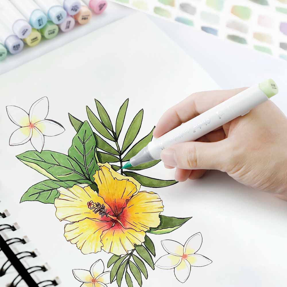 Ohuhu 96 Marcadores de Alcohol + 1 blender | Colores Pasteles "SWEETNESS + BLOSSOMING" | Honolulu A: Pincel y Biselada