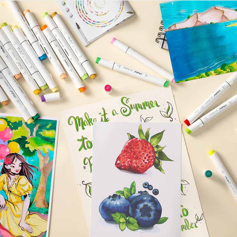 Ohuhu 320 Marcadores de Alcohol + 1 blender | Honolulu B: Pincel y Fina