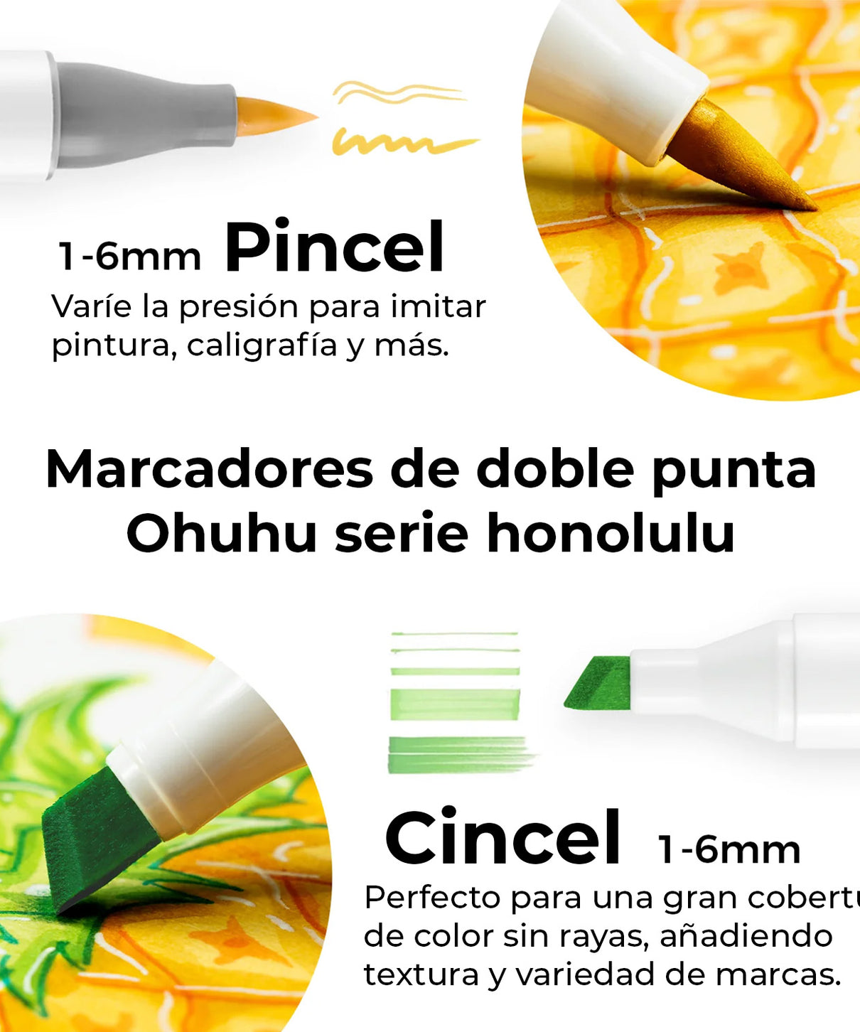 Ohuhu 6 Marcadores de Alcohol | Colores Básicos | Honolulu A: Pincel y Biselada