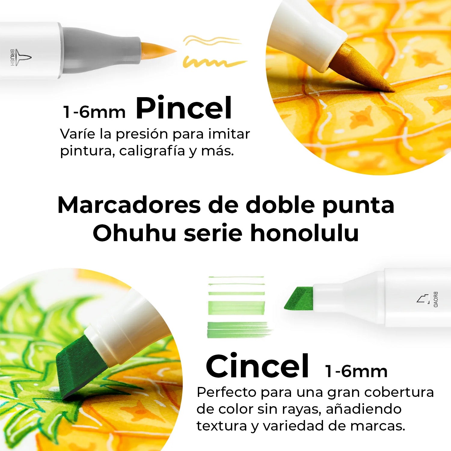 Ohuhu 6 Marcadores de Alcohol | Colores Básicos | Honolulu A: Pincel y Biselada