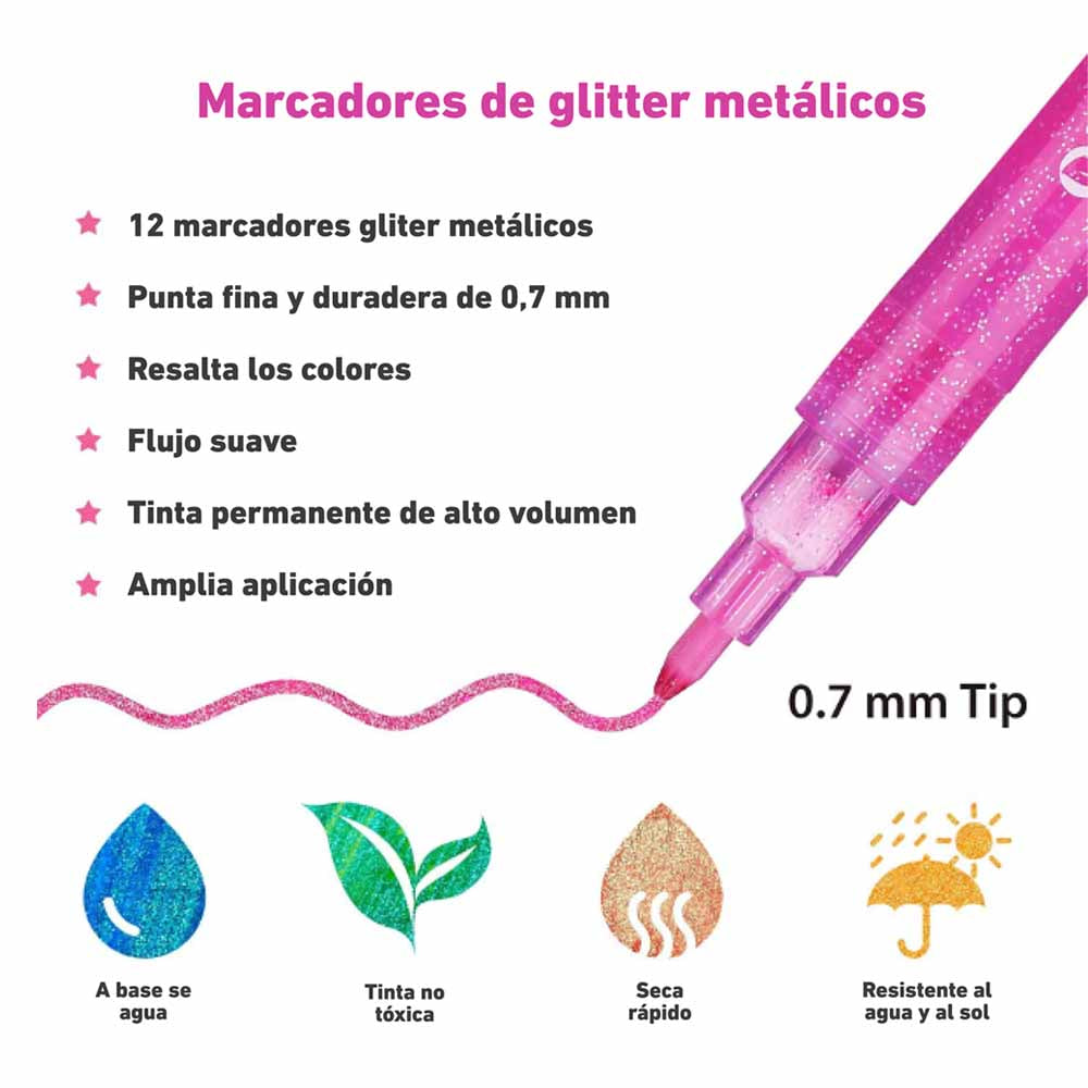 Marcadores Glitter Metálicos Ohuhu | 12 colores