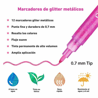 Marcadores Glitter Metálicos Ohuhu | 12 colores
