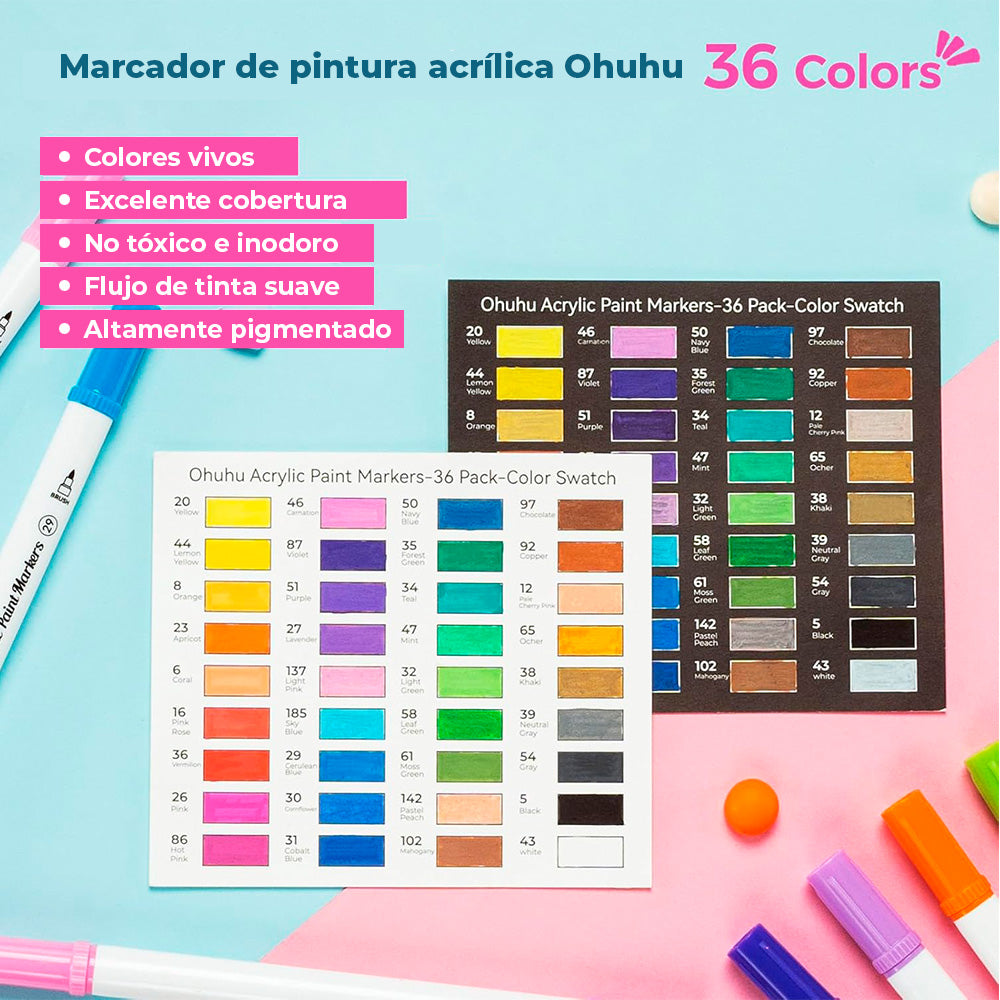 Marcadores Acrílicos Ohuhu | Punta Pincel y Fina | 36 colores