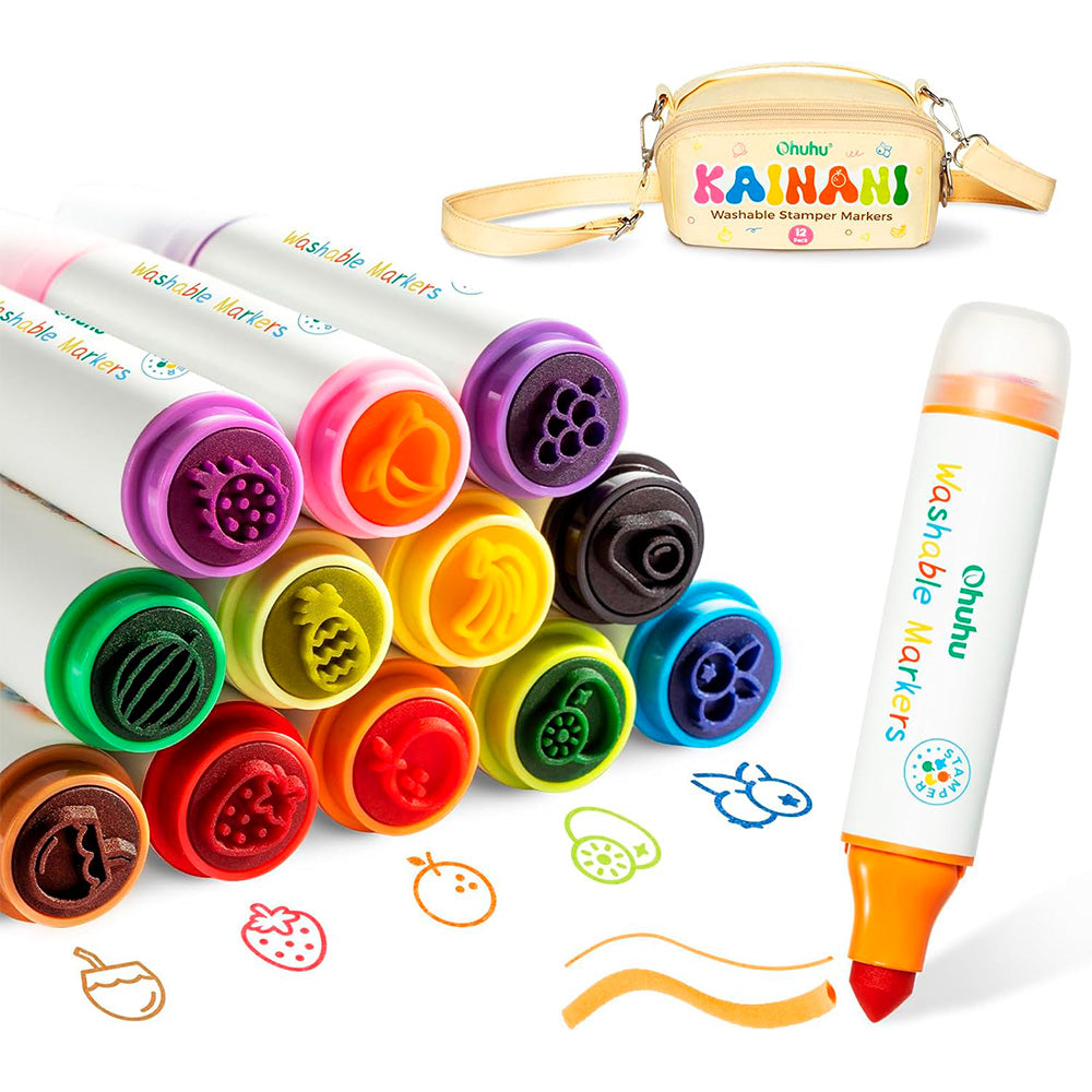 Marcadores Stamper Para Niños Lavables Ohuhu Kainani | Punta Cono y Timbre | 12 colores