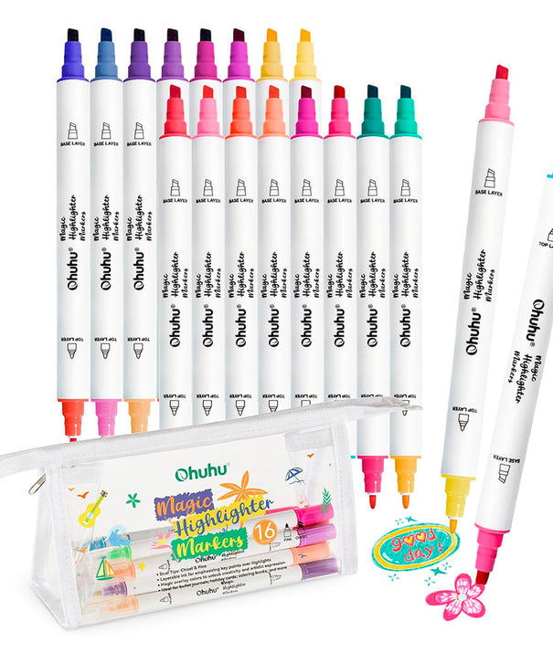 Marcadores Magic Highlighter Ohuhu | Punta fina y Biselada| 32 colores, 16 marcadores