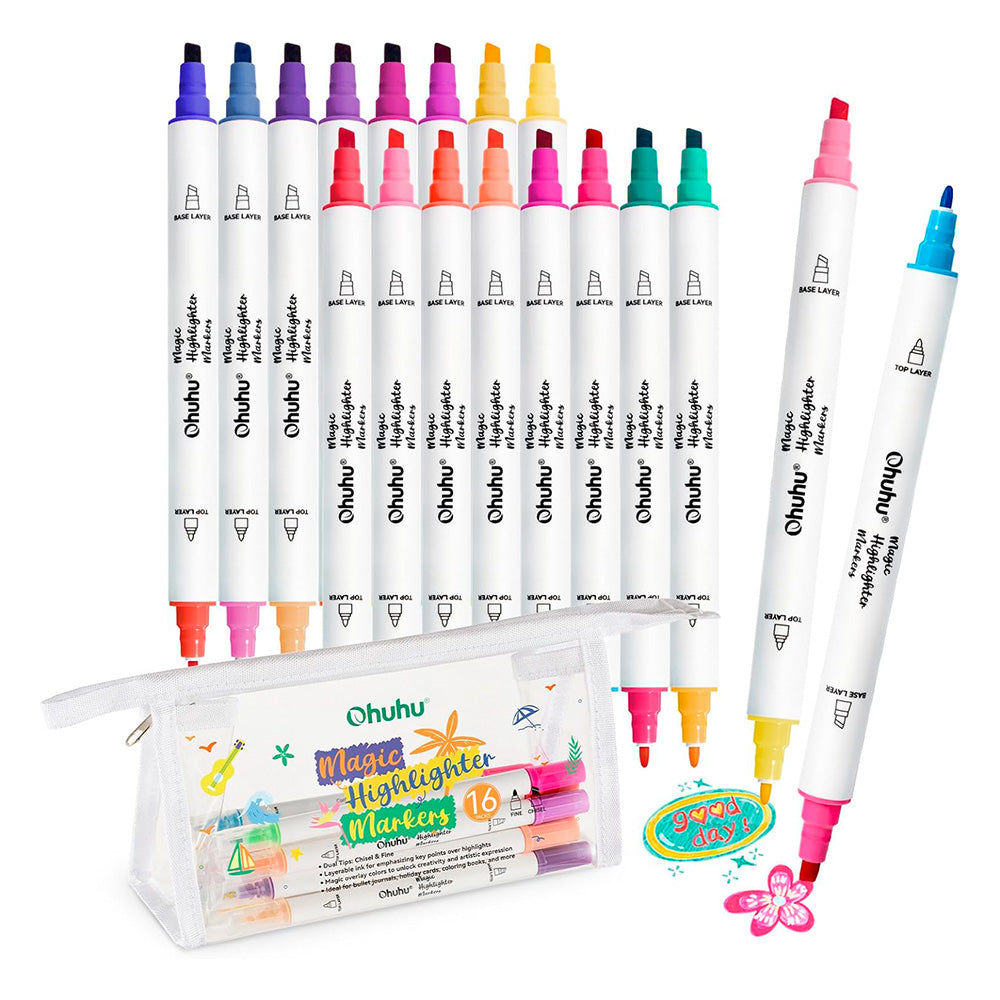 Marcadores Magic Highlighter Ohuhu | Punta fina y Biselada| 32 colores, 16 marcadores