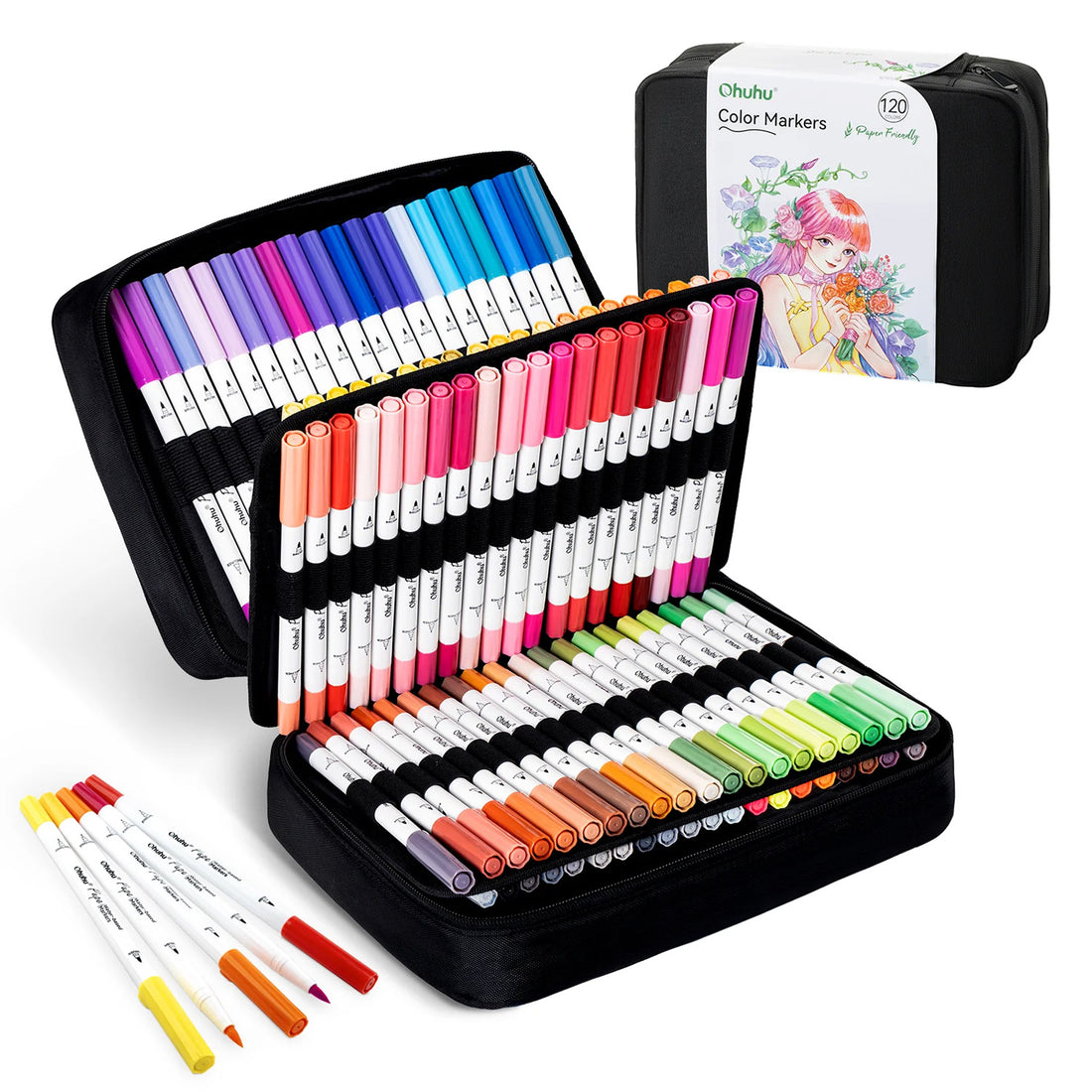 Marcadores Ohuhu Paper Friendly 120 colores a base de agua | Pincel y Tiralíneas | Pupe