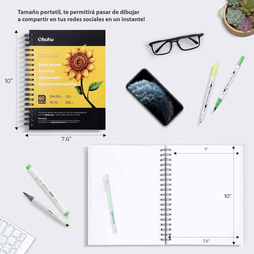 Sketchbook Ohuhu Para Marcadores de Alcohol Anillado | 22 x 21 CM, 60 hojas | 200 g/m2