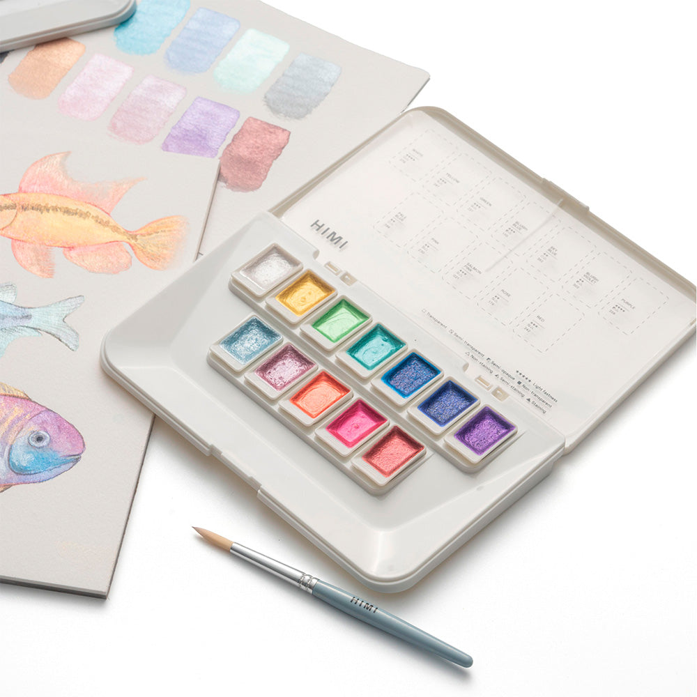 Set Acuarela Metalizada Himi 12 colores + pincel | Pearl/Perlado