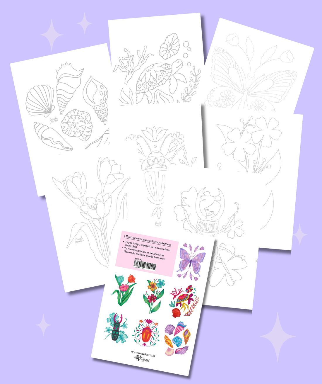 Set de 7 ilustraciones/láminas para colorear - Papel especial para Marcadores de Alcohol
