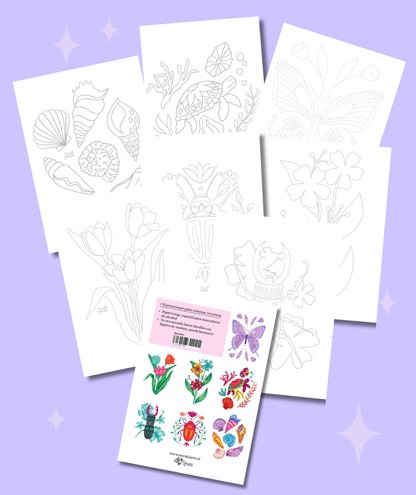 Set de 7 ilustraciones/láminas para colorear - Papel especial para Marcadores de Alcohol