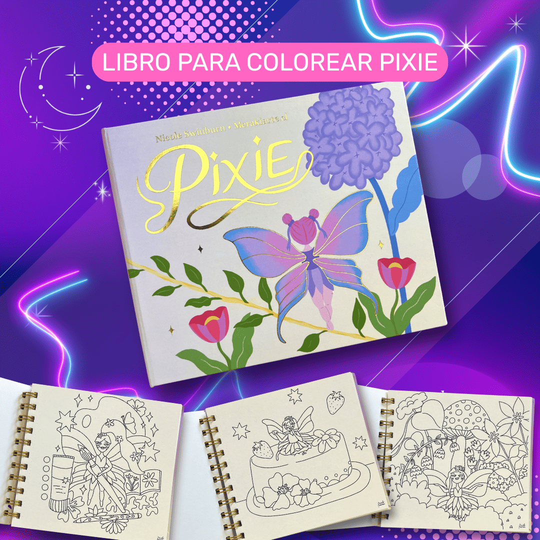 PACK ★: PIXIE | Libro pocket para colorear + Stickers + PDF journaling y coloring + Imán