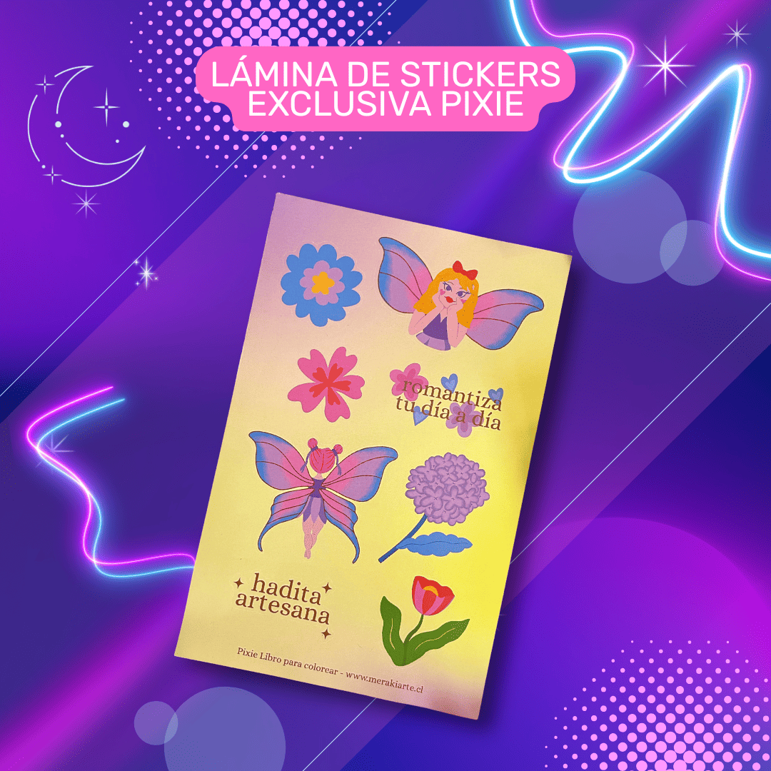 PACK ★: PIXIE | Libro pocket para colorear + Stickers + PDF journaling y coloring + Imán