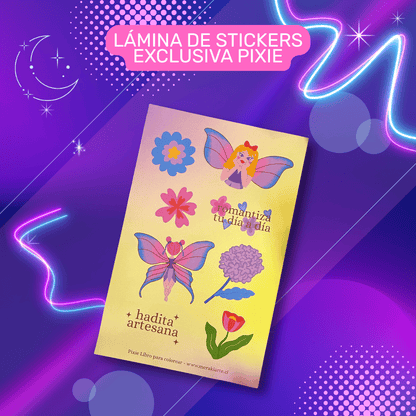 PACK ★: PIXIE | Libro pocket para colorear + Stickers + PDF journaling y coloring + Imán