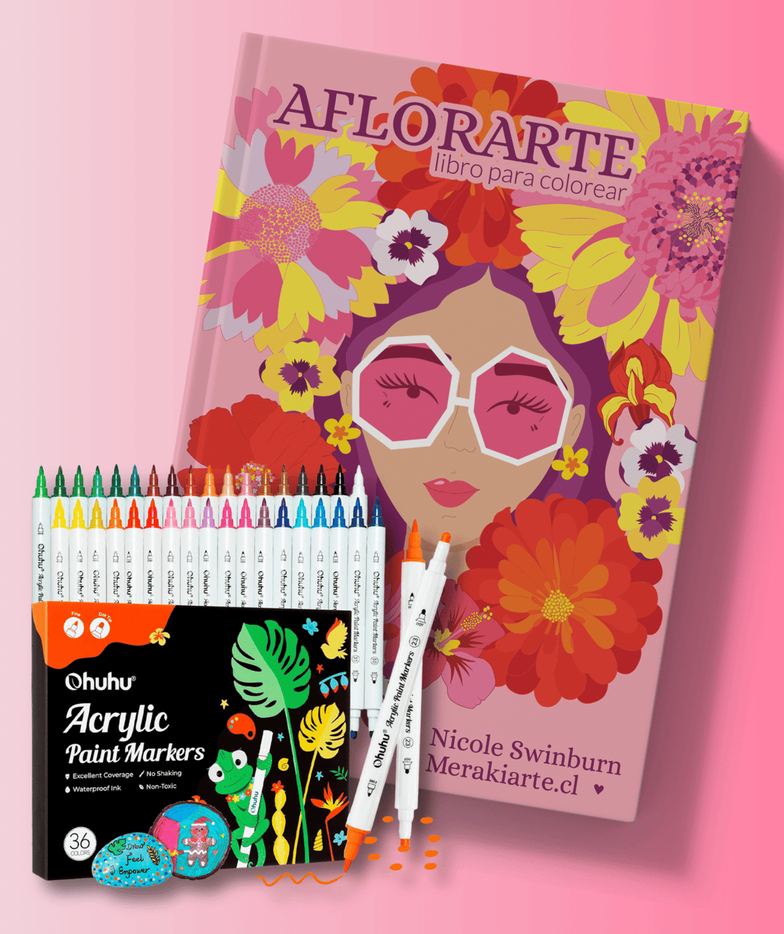 Pack Libro Aflorarte + Marcadores Acrílicos Ohuhu Punta Fina y Redonda 36 colores