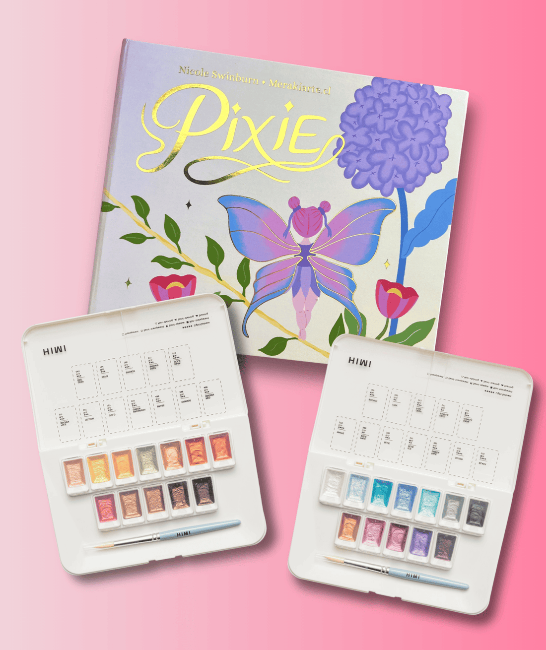 Pack Libro Pixie + Acuarelas Himi Metalizadas Plata + Acuarelas Himi Metalizadas Oro