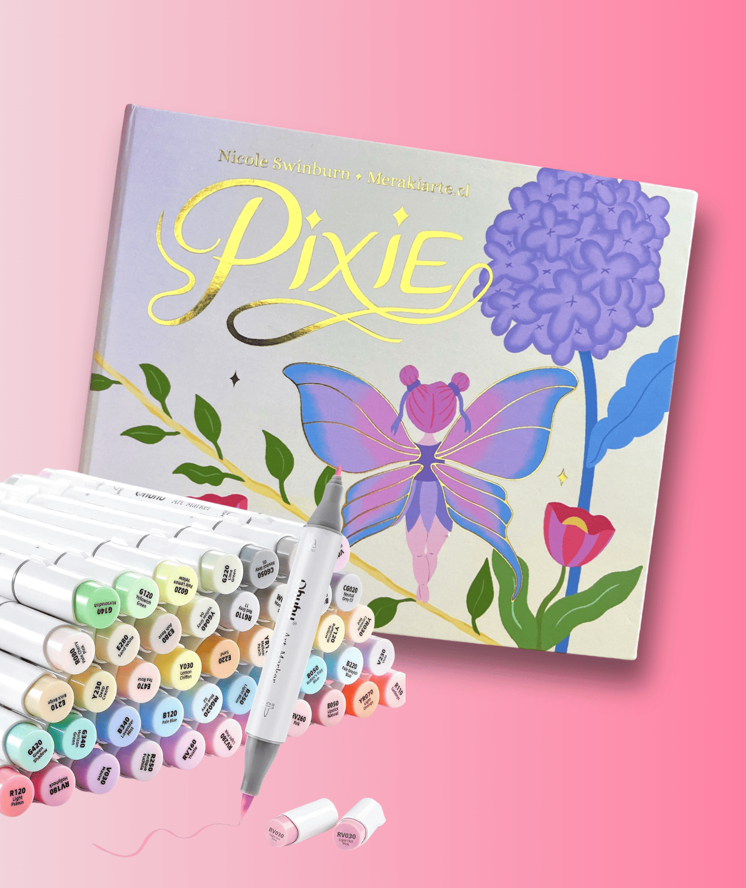 Pack Libro Pixie + 48 Marcadores de alcohol Ohuhu Tonos Pasteles (Honolulu B)