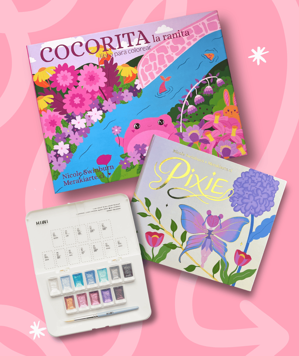 Pack Cocorita La Ranita + Pixie + Acuarela Himi Metalizada Plata